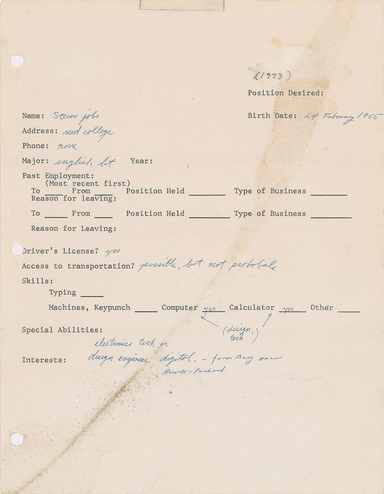 Steve Jobs’ 1973 Job Application Written 3 Years Before He Founded Apple